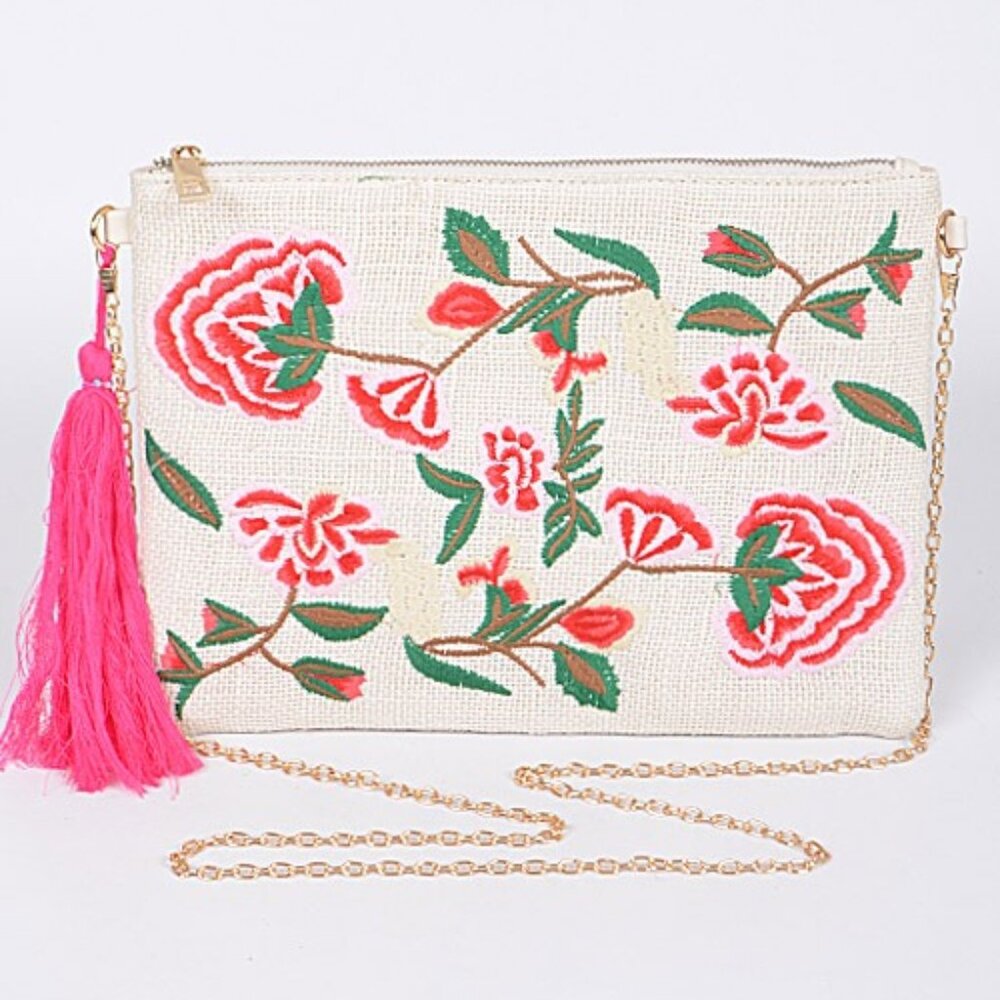 BNWT Flower Embroidered Cotton Linen Convertible Envelope Clutch Bag